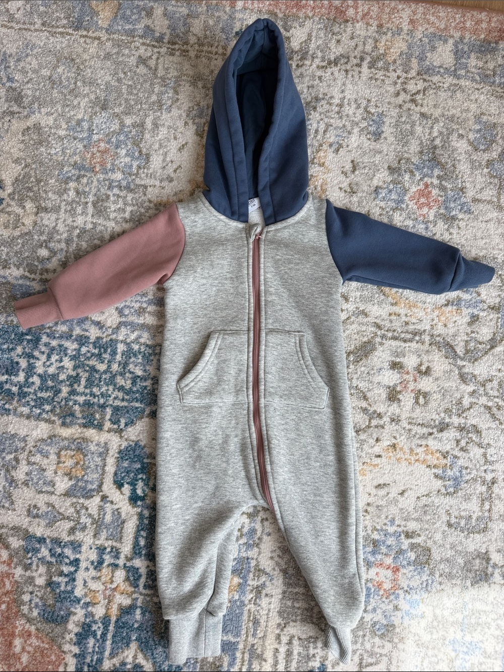 Olive + Scout Colorblock Baby Hooded Romper - Grey with Navy & Dusty Rose 12-18m